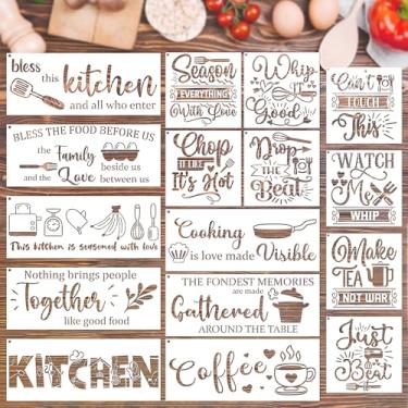 Imagem de Keluna Estêncil de parede de cozinha para pintura – 16 peças reutilizáveis modelos de artesanato de cozinha estênceis temáticos de cozinha para pintura em armário de parede de madeira, sala de jantar