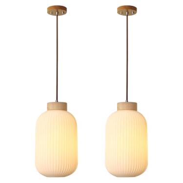 Imagem de Flyrose Luminária Pendente De Vidro Branco Com Nervuras, Mini Nórdica Madeira E Conjunto Duas Luzes Globo Modernas Meados Do Século, Pacote 2, Fp2116-2 Unidades