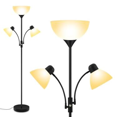 Imagem de AUQUEE Luminária De Chão, Luminárias Torchiere Para Sala Estar, Pé 71" Altura Quarto Com Luz Tipo Pescoço Ganso, Interruptor Giratório, 3 Abajures Plástico, Lanterna (Preta, Sem Lâmpada)