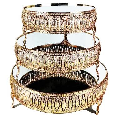 Imagem de Loticy Suporte Para Bolo Com Espelho Redondo Dourado De 3 Peças 13", 10,3" E 8,5", Cupcake, Pedestal Metal, Prato Exibição Queijo Sobremesas, Festas, Casamento, Aniversário, Chá Bebê, Decoração Casa