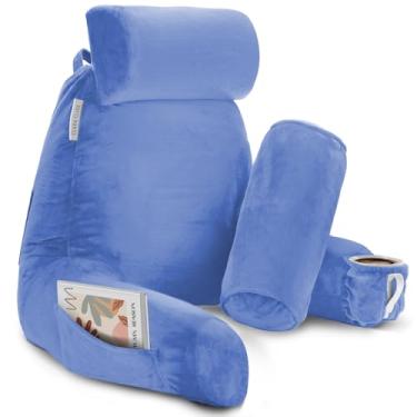 Imagem de Clara Clark Almofada de leitura para cama com espuma viscoelástica desfiada, suporte para as costas para sentar no sofá, cadeira ou chão, encosto adulto com braços e bolsos, capa lavável para descanso