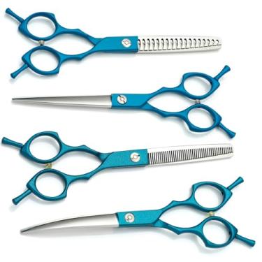 Imagem de Kit de tesouras de cuidado de animais de estimação, tesouras de diluição curvas de chunker de 6,5", conjunto de tesouras de cão profissionais de aço 440C do Japão, com alça ergonômica, azul