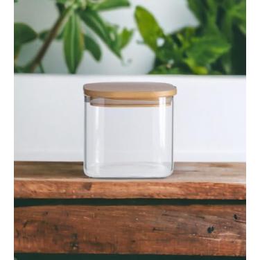 Imagem de Pote 600Ml De Vidro Flat Com Tampa De Bambu Quadrado Mantimento