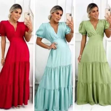 Imagem de Vestido decote V manga bufante saia dois babados feminino novidade - F