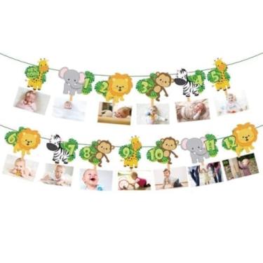 Imagem de Faixa de fotos de aniversario de 1 ano da selva para recem-nascidos a 12 meses, tema de animais de safari, primeiro ano, faixa para bebe, festa na selva, aderecos para cabine de fotos, bolos, decoracao de festa