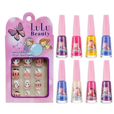 Imagem de Kit 8 Esmaltes Teen + 12 Unhas Postiças Infantil Unicórnio - Safira
