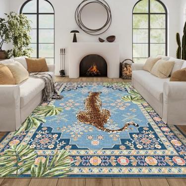 Imagem de Tapete eclético grande, tapete de área de guepardo, 22 x 30,5 cm, estampa de leopardo, maximalista, tapete de guepardo, para quarto, sala de estar, tapete rústico, moderno, divertido, artístico, azul
