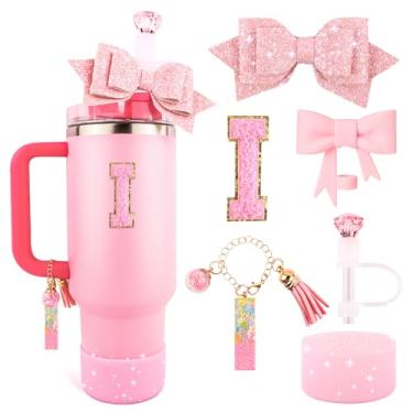 Imagem de Conjunto de acessórios de copo rosa para Stanley 850 g e copo de 1,134 g com alça, pingentes de letras, capas de canudo de arco e diamante, bota de silicone com glitter, adesivo personalizado para