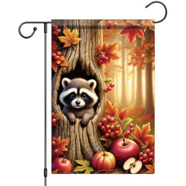 Imagem de Starlit Patio Bandeira de jardim de outono de ação de graças guaxinim em buraco de árvore bandeira 30,5 x 45,7 cm dupla face outono folha de maçã floresta animal quintal banner para varanda gramado