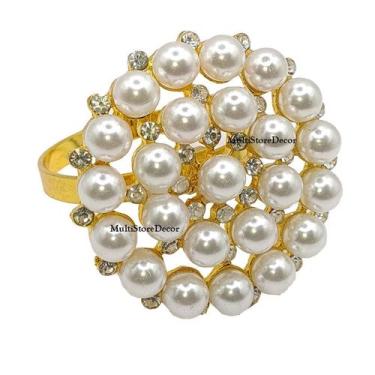 Imagem de KIT 04 Argola Porta Guardanapo Anel Mandala de Pérolas Metal Luxo Mesa