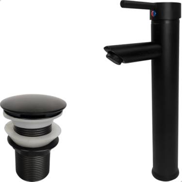 Imagem de Dona D Cor, Kit Torneira Preta Fosca Bica Alta Monocomando Inox e Válvula Click 1 1/4 Banheiro Lavabo Pia Misturador Água Quente Fria Design Moderno