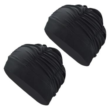 Imagem de 2 peças de touca de natação preta plissada de tecido de nylon touca de natação elástica respirável chapéus de natação macios para surfe e banho