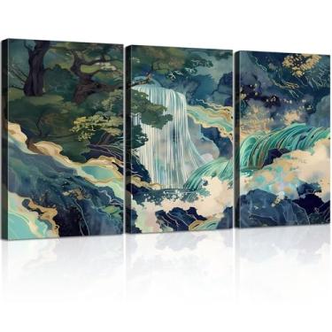 Imagem de Pintura de arte de parede em tela japonesa emoldurada 3 peças, grande cenário de cachoeira, pôster impresso, tela, arte, natureza, cenário, abstrato, azul, cachoeira, zen, arte, impressão, sala de