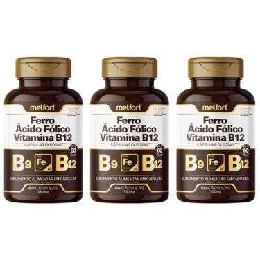 Imagem de Kit 3x Ferro Ácido Fólico Vitamina B12 60 Capsulas 350mg Melfort, Sem 