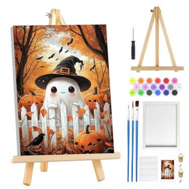 Imagem de MOGTAA Kit de pintura fantasma de Halloween por números para adultos iniciantes com moldura, kits de pintura por números de paisagem de outono em tela com cavalete, kits de pintura a óleo DIY fáceis