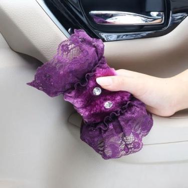 Imagem de MINGZAIQIPEI Conjunto fofo de 2 peças com diamantes de renda de pelúcia capa de alça de carro, luvas de aderência de carro, capa de puxador de porta interna, protetor de alça acessórios interiores