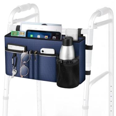 Imagem de FINPAC Bolsa grande para andador com suporte de copo, acessório dobrável para andador, cesta de armazenamento mãos-livres, bolsa de acessórios de auxílio à mobilidade para idosos, idosos, azul marinho