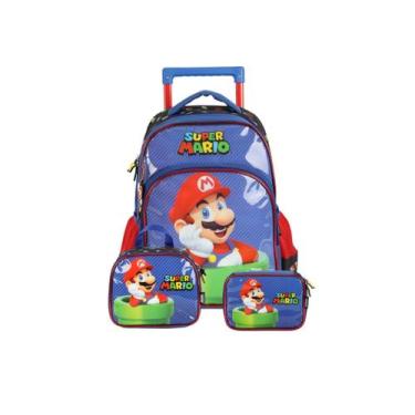 Imagem de Kit Mochila Rodas Super Mario Infantil Lancheira Estojo Box, Azul