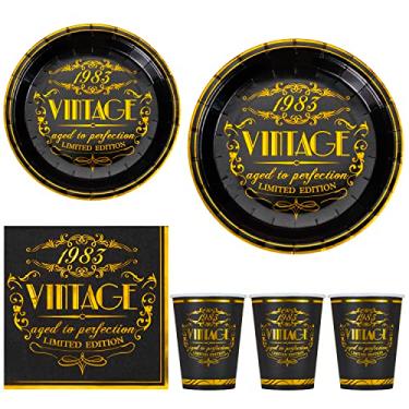 Imagem de Crisky Conjunto de 96 peças de guardanapos de aniversário de 40 anos de folha de ouro preto para mulheres, suprimentos de decoração de festa de 40 anos, utensílios de mesa descartáveis vintage de