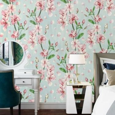 Imagem de ESSMOKO Revestimento de parede autoadesivo flor B&B Hotel papel de parede quarto sala de estar fundo parede verde claro-45 * 500 cm