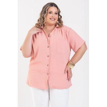Imagem de Camisa Feminina Plus Size Manga Curta Com Fechamento de Botões Tecido 
