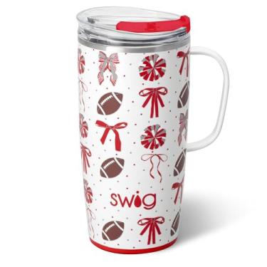 Imagem de Swig Life Caneca de viagem de 623 g, copo isolado com alça e tampa, caneca de café de viagem, compatível com porta-copos, copo de aço inoxidável de 623 g, reutilizável isolado com tampa (Temos