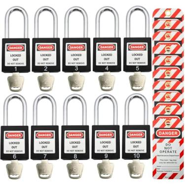 Imagem de Fechaduras de identificação de bloqueio, cadeados de segurança, fechaduras de loto com chave diferente para dispositivo de bloqueio de plástico com etiquetas de identificação de bloqueio