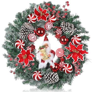 Imagem de Knitgrip Guirlanda de Natal de 50 cm para porta da frente com Papai Noel, pinha, frutas vermelhas, poinsétias, guirlanda de Natal de inverno com bolas vermelhas e brancas, doces de hortelã-pimenta