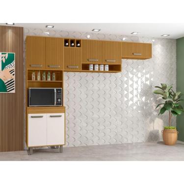 Imagem de Cozinha Compacta Poliman Malta 8 Portas Paneleiro Duplo Ripado Gráfico Puxadores Bronze Pintura UV MDP Freijó Off White Acetinado