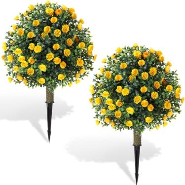 Imagem de Yunlly Conjunto de 2 arbustos artificiais de buxo rosa com espigão no solo, arbustos artificiais resistentes a UV, pincel falso para plantas artificiais perenes falsas para varanda e jardim (amarelo