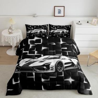 Imagem de Conjunto de edredom Queen de carro esportivo cinza, 3 peças, para decoração de quarto de crianças, adolescentes e adultos, conjunto de edredom acolchoado com grade geométrica neon brilhante, 2 fronhas