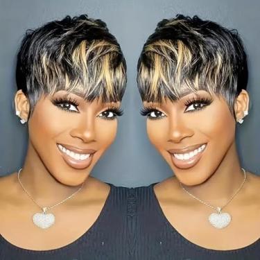 Imagem de VCK Perucas de cabelo humano curto para mulheres negras curtas em camadas pretas e loiras com corte Pixie para mulheres brasileiras Remy cabelo humano peruca de verão sem cola, totalmente feita à