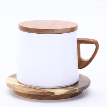 Imagem de Xícara Térmica de Aço Inoxidável, 384ml, Parede Dupla com Tampa e Pires de Bambu, para Café e Chá (DIVERSAS CORES) (Branco)