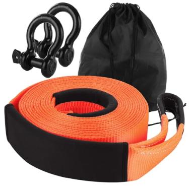 Imagem de YAYODS Correias de reboque resistentes com laços, correia de recuperação de 7,6 cm x 30 pés com manilhas de anel de 3/4 D, resistência à ruptura de 11,999 kg, correias de reboque de emergência para