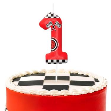 Imagem de Velas vermelhas de aniversário número 1, topo de bolo temático de carros de corrida para decoração de bolo para meninos e meninas, decorações de aniversário, suprimentos de festa, velas numéricas para