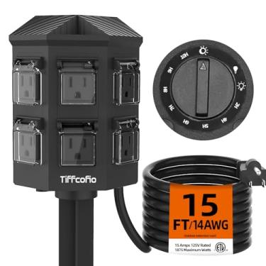 Imagem de TiFFCOFiO Temporizador de régua elétrica para uso externo, contagem regressiva do sensor de luz do crepúsculo ao amanhecer, cabo de extensão de 4,8 m à prova d'água, 6 tomadas aterradas para