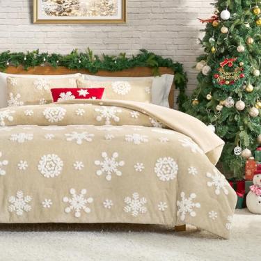 Imagem de Amélie Home Conjunto de edredom queen de Natal, bege, floco de neve, lã de ovelha fofa, 3 peças, super macio, quente, felpudo, grosso, conjunto de cama para o inverno