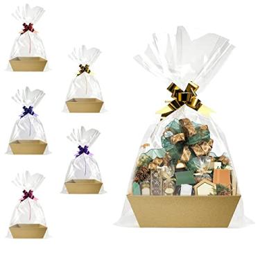 Imagem de Cestas para presentes vazias, 5 peças de cesta de presente em massa, resistente, bandeja de mercado kraft com alças, kit de cesta de presente suprimentos envoltório para preencher para aniversário, Natal, Dia dos Namorados, Ação de Graças