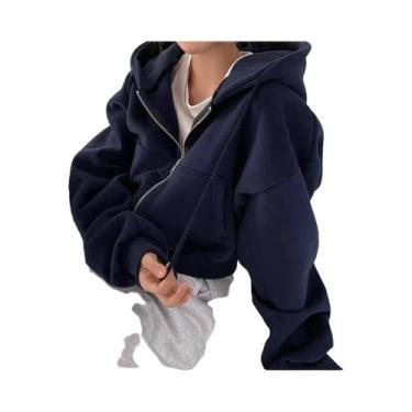 Imagem de Moletom Feminino Coreano Com Forro De Fleece, Manga Longa, Zíper, Crop