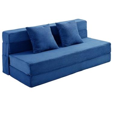 Imagem de JKMAX Sofá-cama dobrável Queen Size - Cadeira conversível 4 em 1 com dois travesseiros - Sofá Futon de espuma viscoelástica de alta densidade - Cama dobrável para sala de estar e quarto (azul)