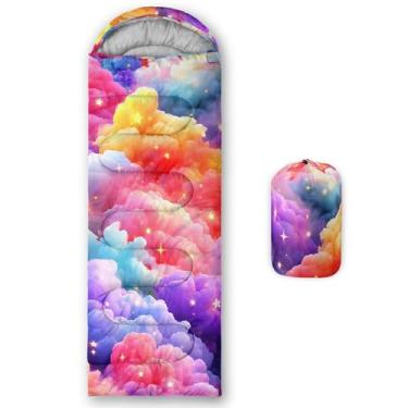 Imagem de QOOMO Sacos de dormir de acampamento impressos em nuvens coloridas, clima quente e frio, leve, sacos de dormir impermeáveis para adultos e crianças, viagens e ao ar livre, equipamentos de acampamento
