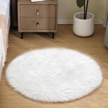 Imagem de Goolela Tapete redondo branco de 0,9 m, tapete de pele de carneiro sintética, pequeno círculo, felpudo para quarto, dormitório, tapete lavável