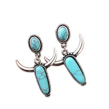 Imagem de Brincos boêmios ocidentais naturais turquesa geométrica flor gota étnica para mulheres meninas declaração vaqueira joia étnica boho, Turquesa Cristal Pedra, Turquesa