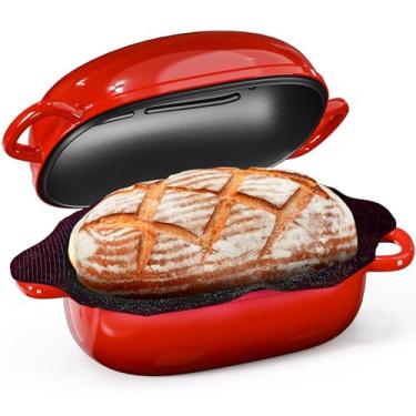 Imagem de Forno holandês de ferro fundido – Forno holandês de 2,5 litros para assar pão de fermento, forma de pão de ferro fundido com forro de silicone antiaderente perfurado, assadeira oval azul, presente