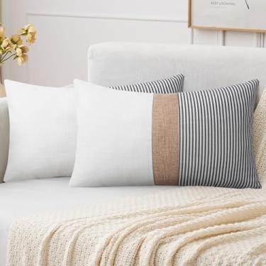 Imagem de Adabana Conjunto de 2 capas de almofada listradas, 30,5 x 50,8 cm, capas de almofada decorativas de linho quadradas, para decoração de casa de fazenda, capas de pollowcases para sofá, quarto, listras
