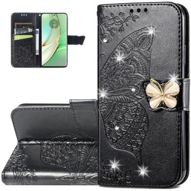 Imagem de Dinglijia Capa carteira para Motorola Moto G75, capa de couro PU padrão borboleta com fecho magnético e compartimentos para cartão de dinheiro coldre para Moto G75, strass preto
