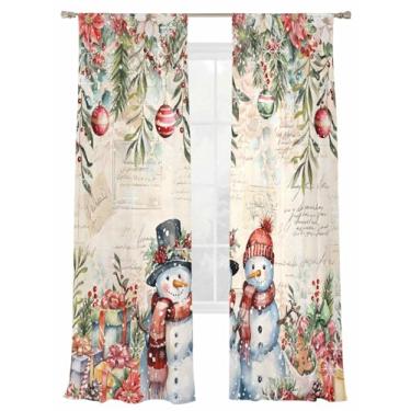 Imagem de Cortinas semitransparentes de boneco de neve de Natal de 203 cm de comprimento para sala de estar, folhas de poinsétia, bolas de Natal, tratamentos de janela, cortinas com bolso para varão, cortinas