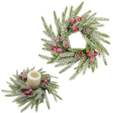 Imagem de Anéis de vela de Natal, guirlanda artificial de pinheiro Norfolk com frutas vermelhas e pinha de neve, suporte de vela, gabinetes, guirlandas, enfeite para decoração de centro de mesa de Natal e