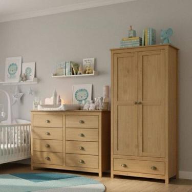 Imagem de Conjunto Infantil Guarda-Roupa 2 Portas e Cômoda 8 Gavetas 100% Madeira Maciça - Topázio  Finestra Freijó