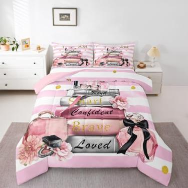 Imagem de Erosebridal Conjunto de cama Queen, moderno, rosa, para meninas, crianças, citações inspiradoras, abstrato, rosa, branco, livros, revistas, perfume, maquiagem, edredom